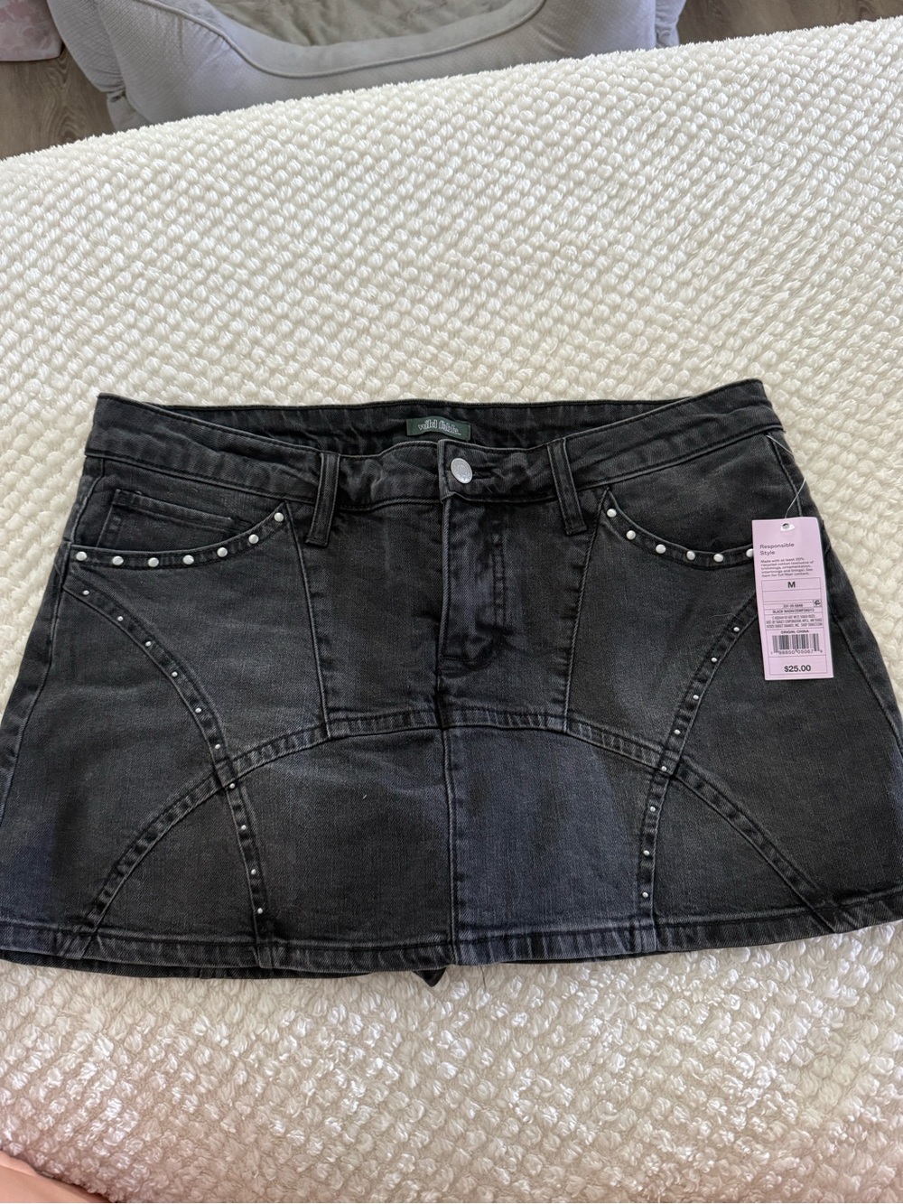 Black/Grey Studded Denim Mini Skirt Low Rise w Built in Shorts